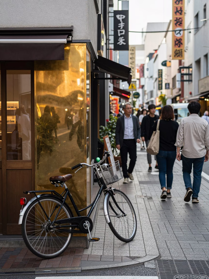 Busy Osaka Street Corner Late Morning with Bicycle and Bakery Details in in Osaka, Japan
