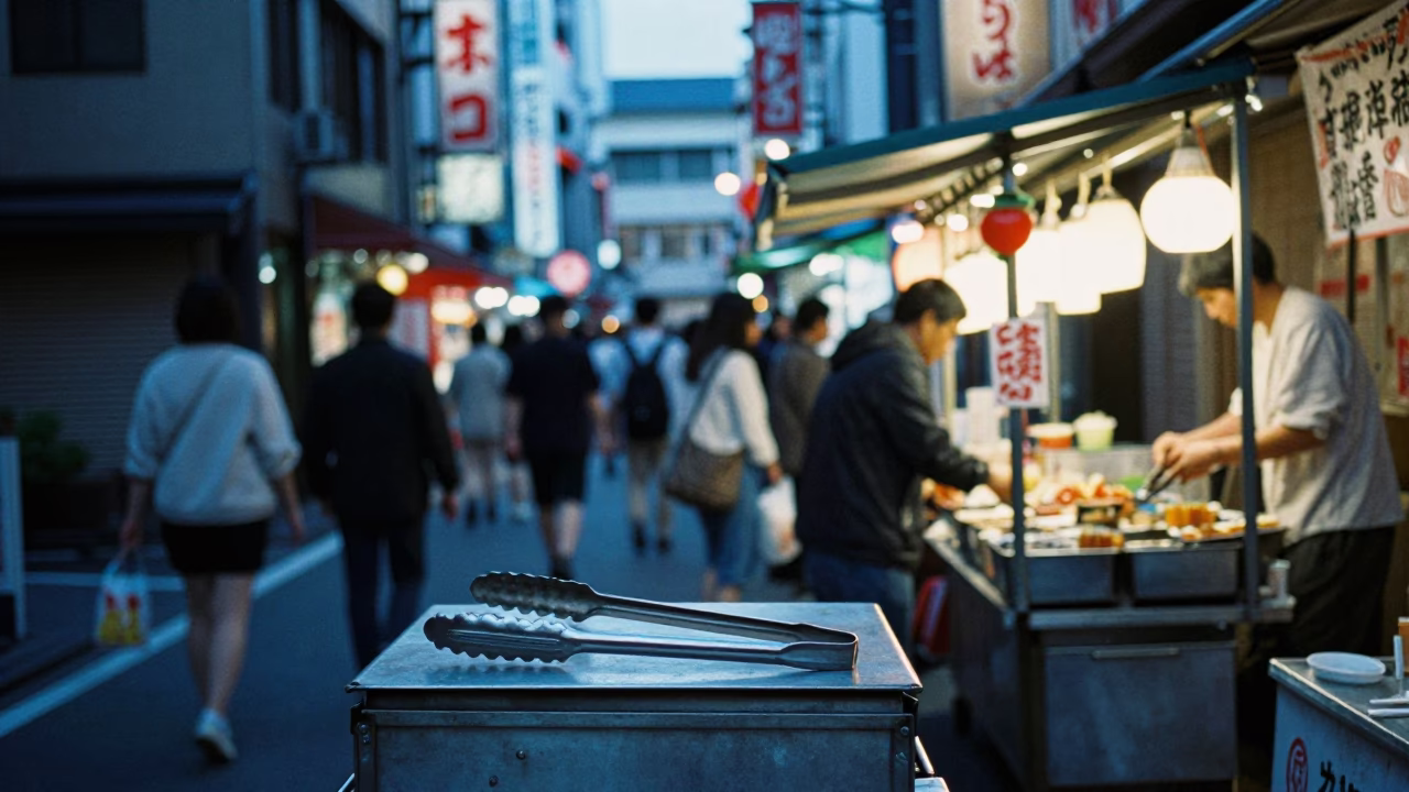 Busy Osaka Street Evening Scene with Vendor Tongs and Urban Activity in in Osaka, Japan