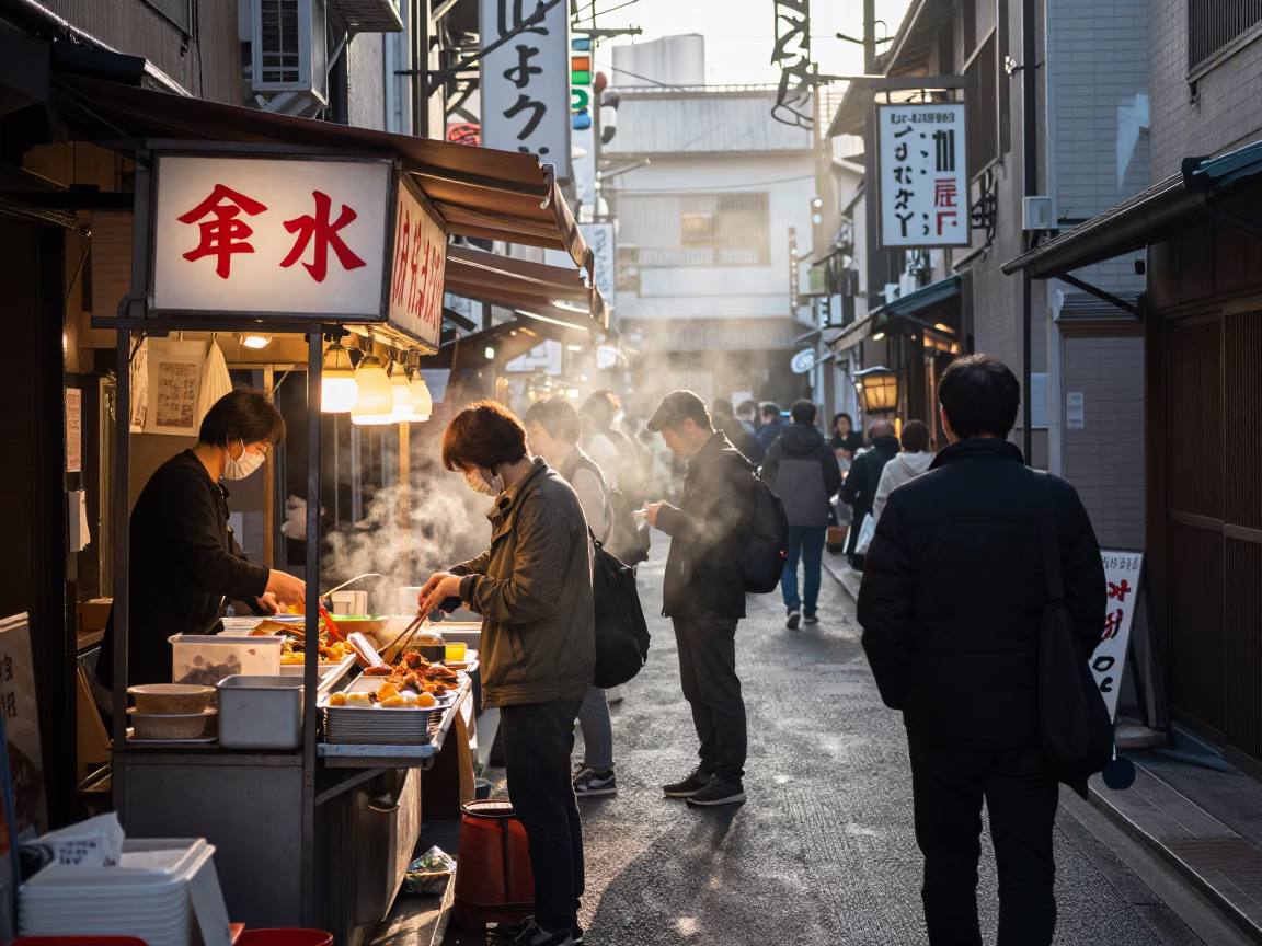 Busy Osaka Street Food Stall at Dawn with Enamel Bowls and Local Customers in in Osaka, Japan