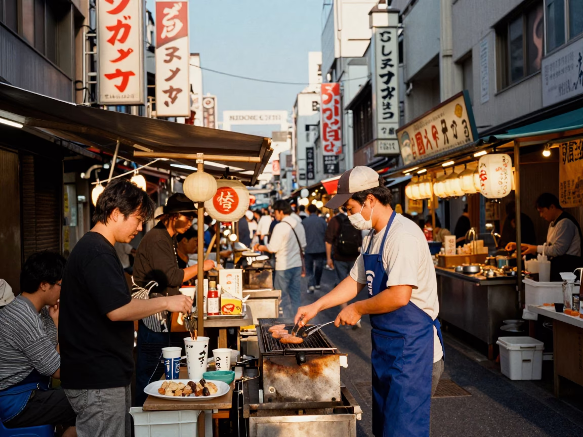 Busy Osaka Street Food Stall Late Afternoon Light with Customers Eating Mochi in in Osaka, Japan