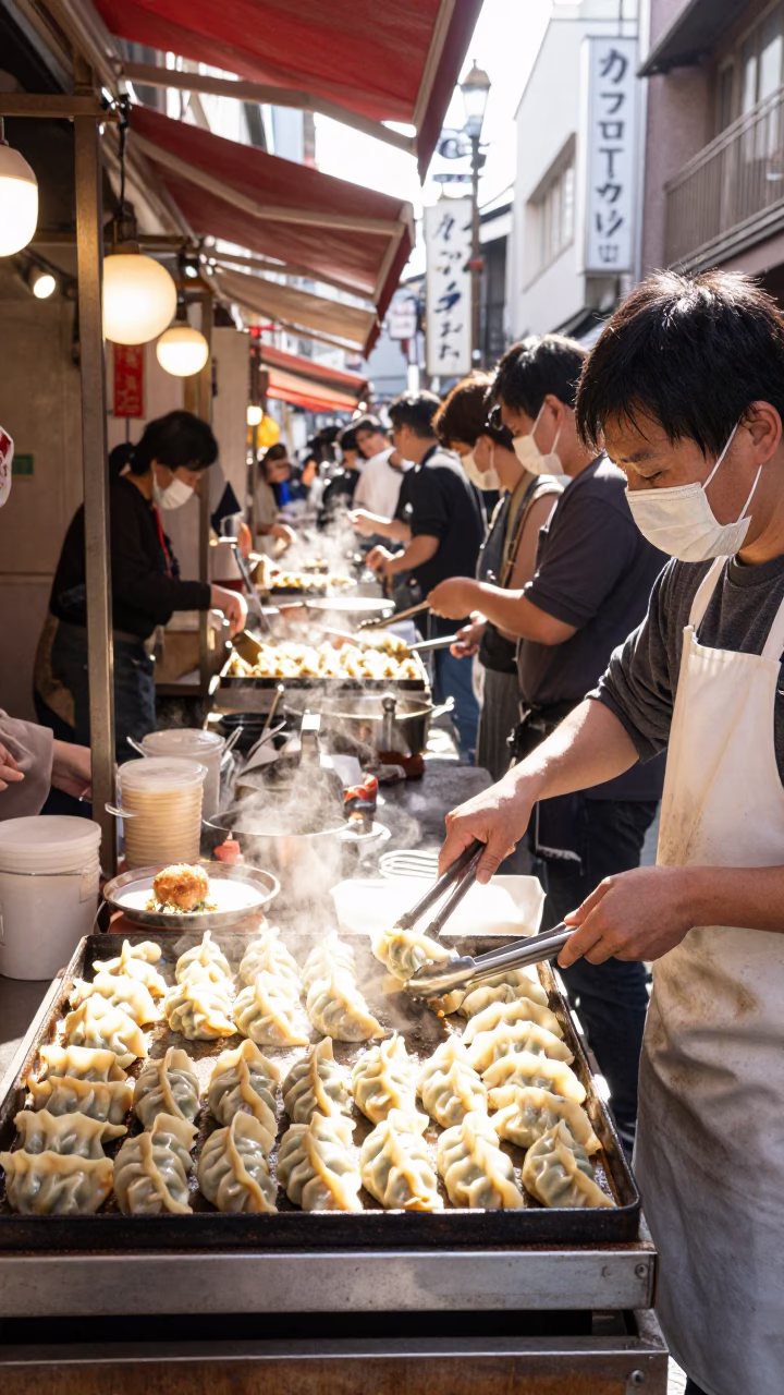 Busy Osaka Street Food Stall Midday Gyoza Tray and Dipping Sauce in in Osaka, Japan