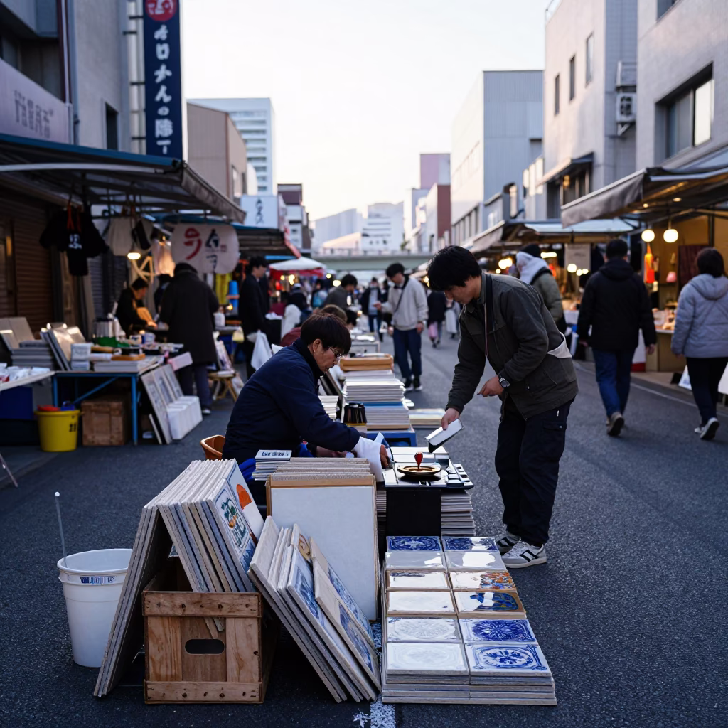 Busy Osaka Street Market Early Morning Ceramic Tiles and Kitchen Utensils in in Osaka, Japan
