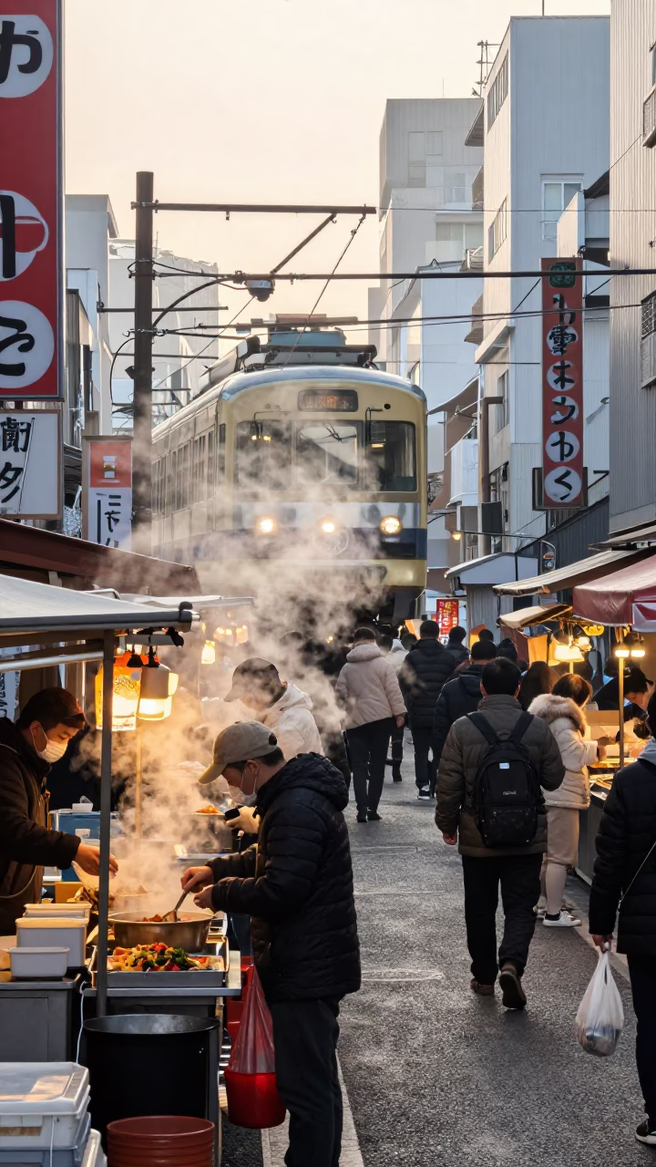 Busy Osaka Street Market Morning with Monorail and Local Food Stalls in in Osaka, Japan