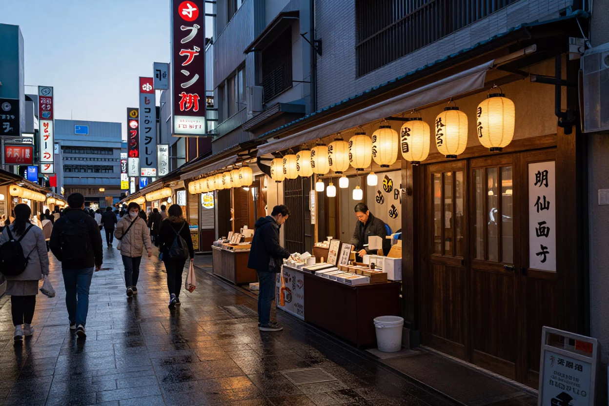 Busy Osaka Street Market Stall Before Sunrise with Door Handle and Linen Fringe Details in in Osaka, Japan