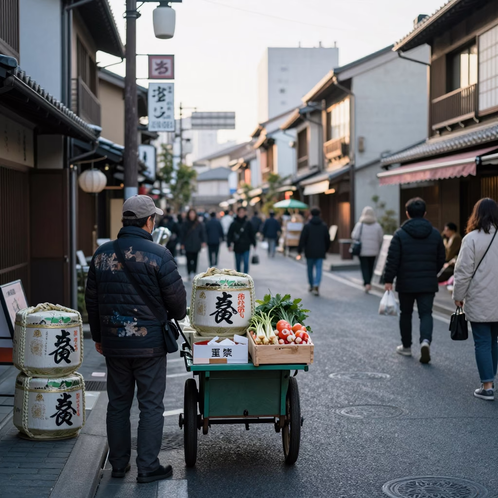 Busy Osaka Street Morning with Traditional Sake Barrel and Local Commerce in in Osaka, Japan