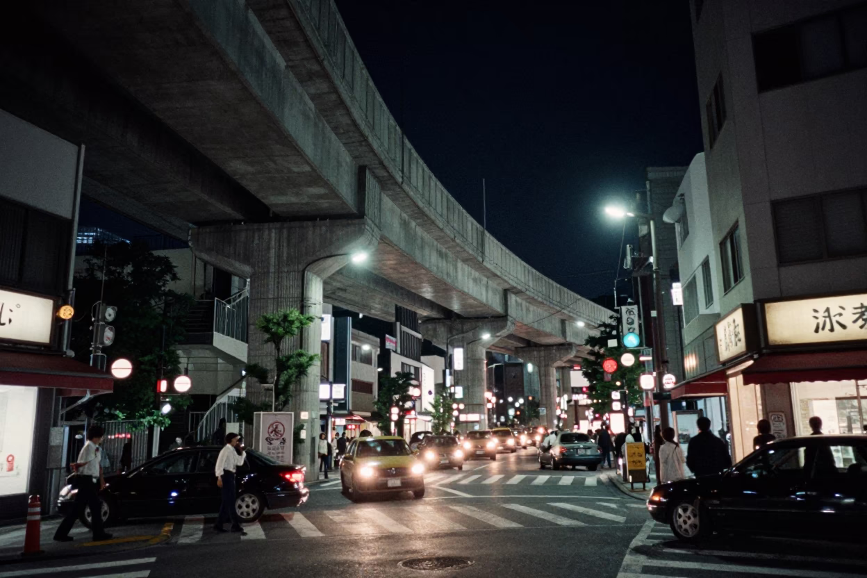 Busy Osaka Street Night Scene with Concrete Viaduct and Local Dining in in Osaka, Japan