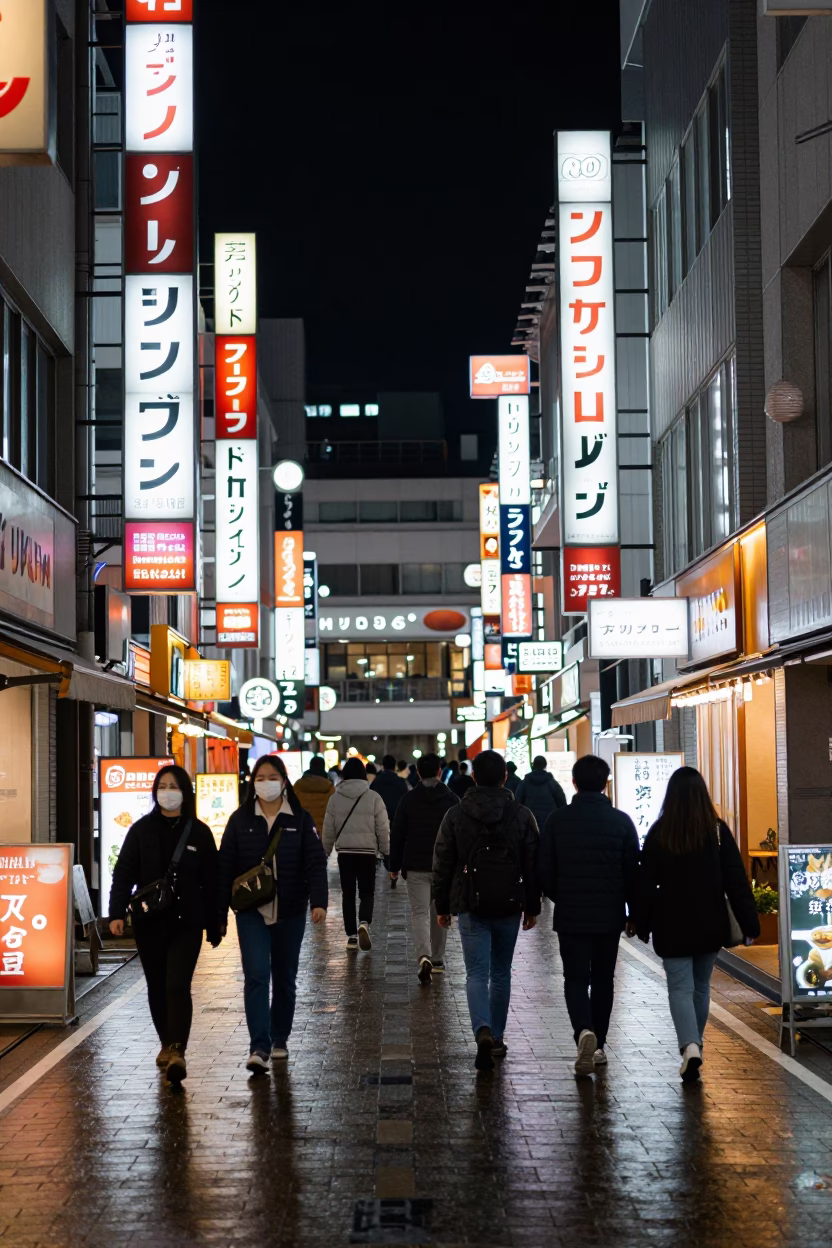 Busy Osaka Street Night Scene with Warehouse Aisle Elements and Hacksaw Tool in in Osaka, Japan