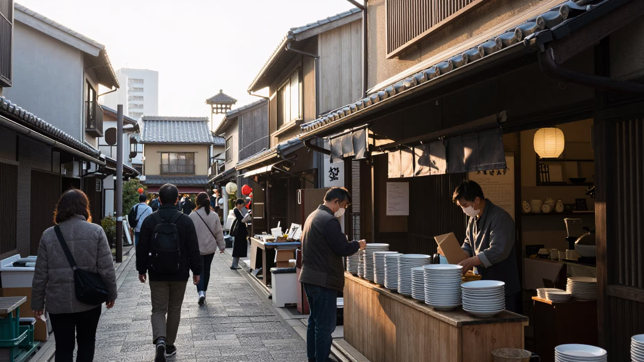 Busy Osaka Street Scene After Sunrise with Stacked Plates and Metal Bucket in in Osaka, Japan