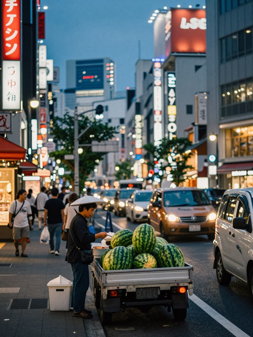 Busy Osaka Street Scene at Dusk with Bibim Guksu and Watermelon Truck in in Osaka, Japan