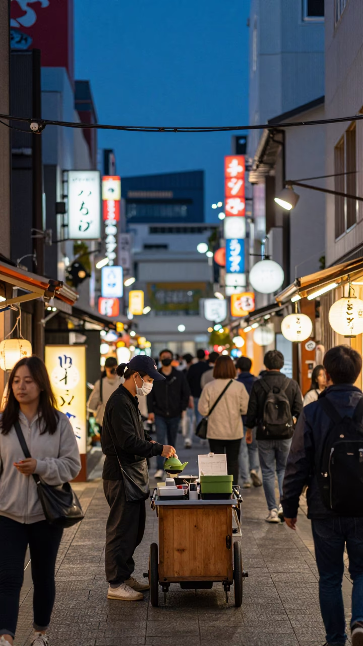 Busy Osaka Street Scene at Dusk with Sencha Tea and Traditional Architecture in in Osaka, Japan