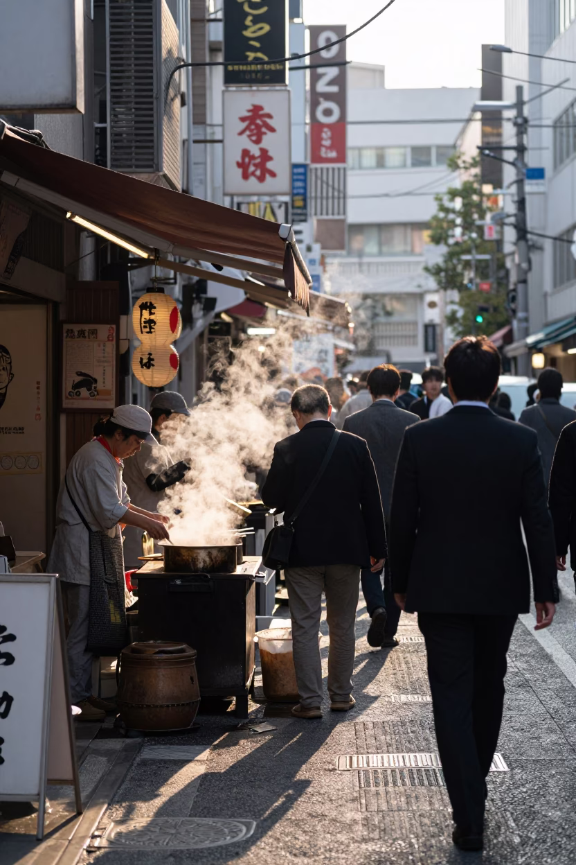 Busy Osaka Street Scene at First Light with Local Vendors and Urban Details in in Osaka, Japan