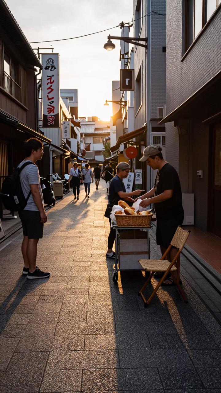 Busy Osaka Street Scene at Golden Hour with Folding Chair and Woven Basket in in Osaka, Japan