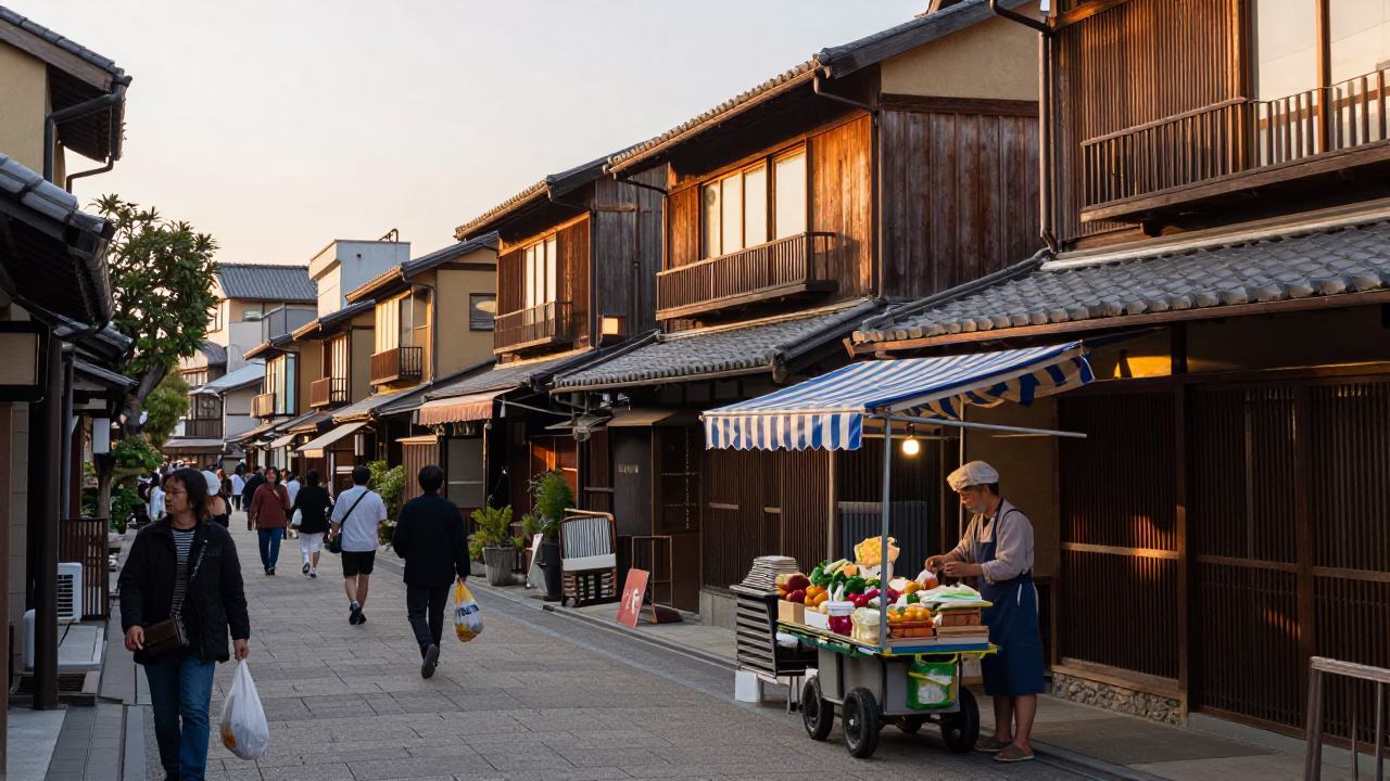 Busy Osaka Street Scene at Golden Hour with Traditional Architecture and Daily Life in in Osaka, Japan