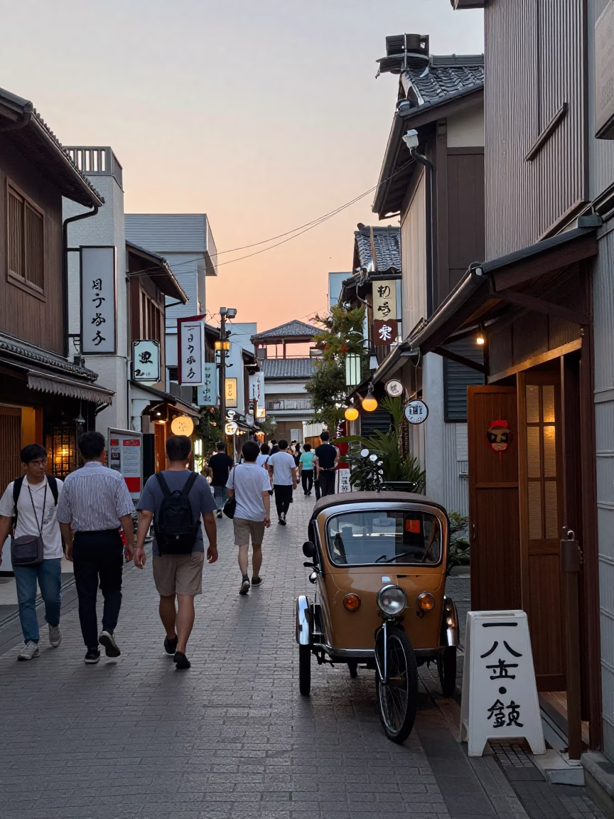 Busy Osaka Street Scene at Nautical Dawn with Vintage 1970s Atmosphere in in Osaka, Japan