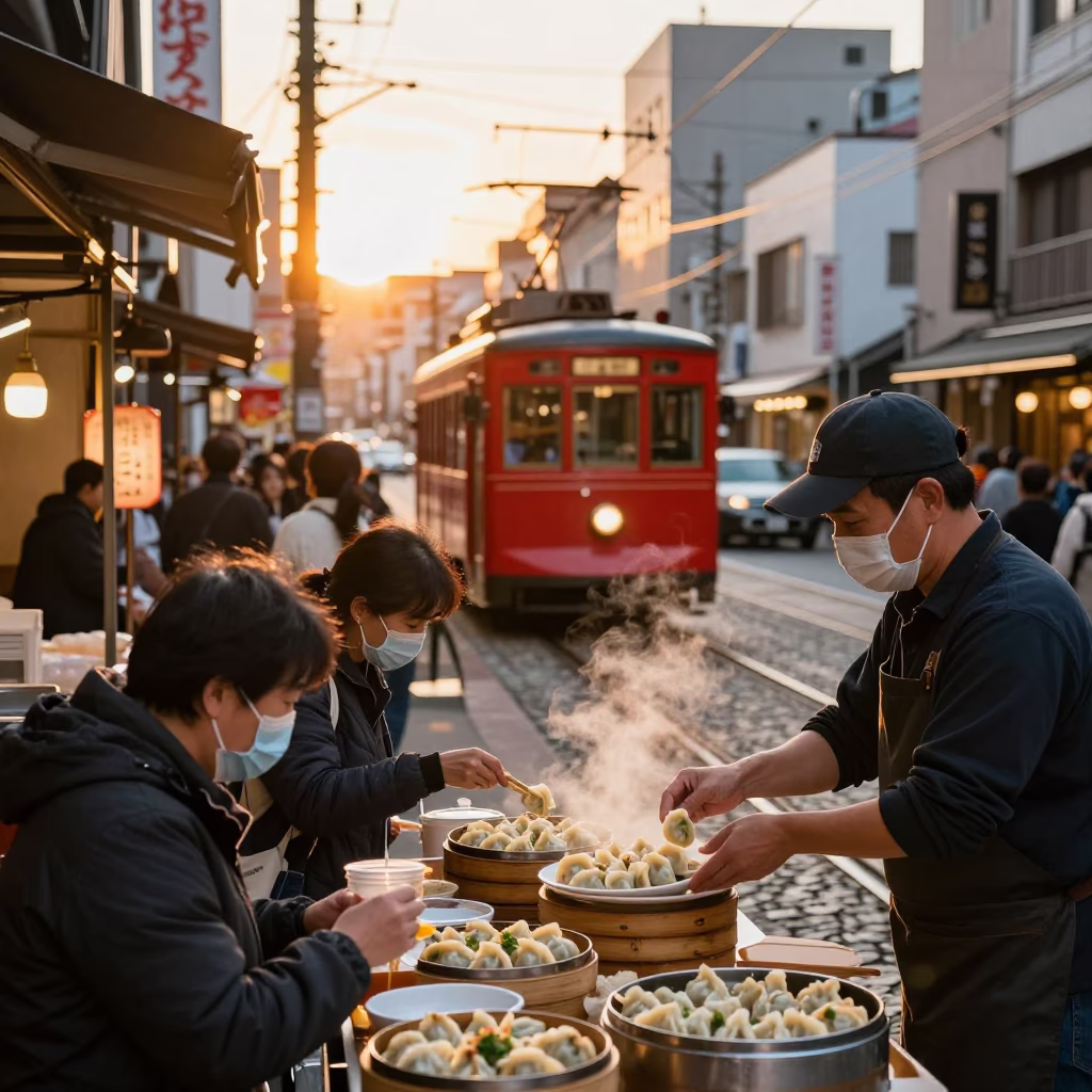 Busy Osaka Street Scene at Sunset with Dumplings and Heritage Tram in in Osaka, Japan