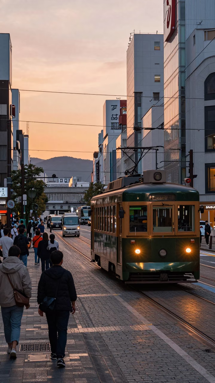 Busy Osaka Street Scene at Sunset with Heritage Tram and Shop Displays in in Osaka, Japan