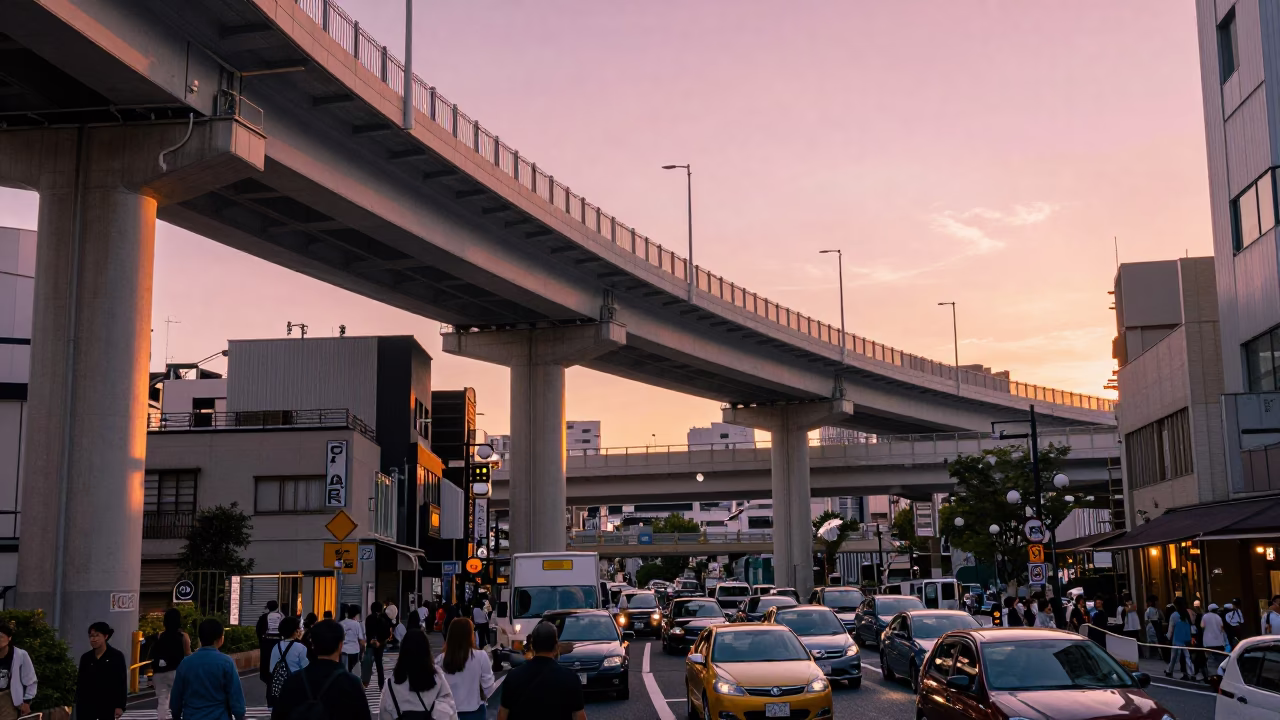 Busy Osaka Street Scene at Sunset with Highway Flyover and Local Vendors in in Osaka, Japan