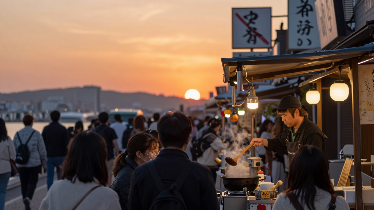 Busy Osaka Street Scene at Sunset with Ladle and Iron Deadbolt Details in in Osaka, Japan
