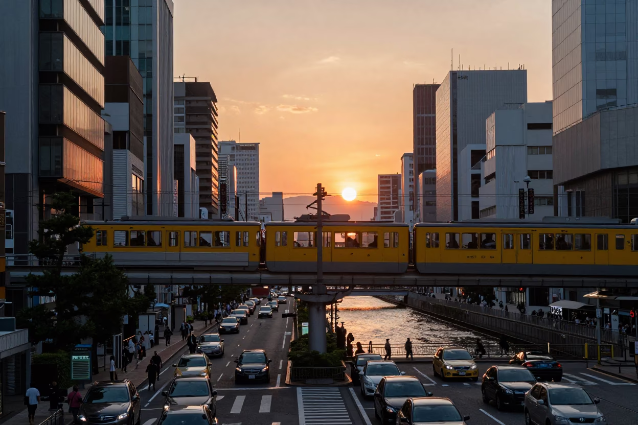 Busy Osaka Street Scene at Sunset with Monorail and Traditional Market Activity in in Osaka, Japan