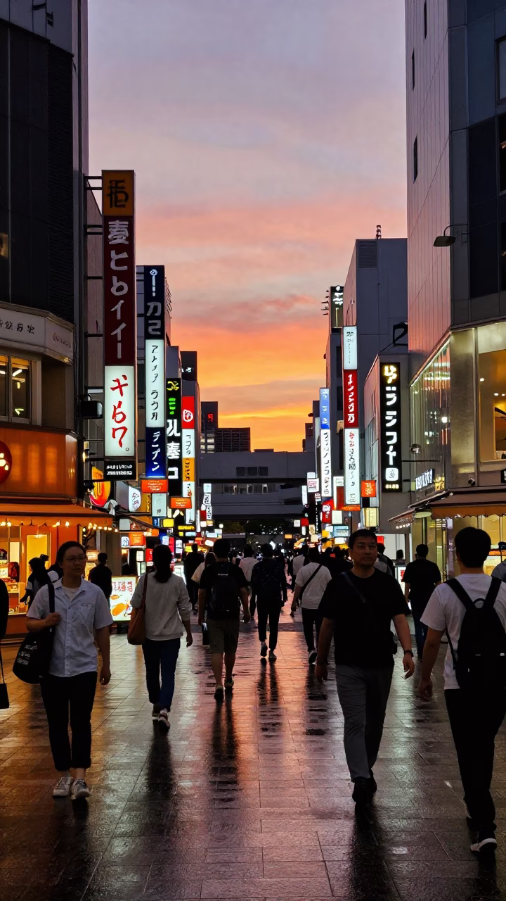 Busy Osaka Street Scene at Sunset with Neon Lights and Pedestrians in in Osaka, Japan