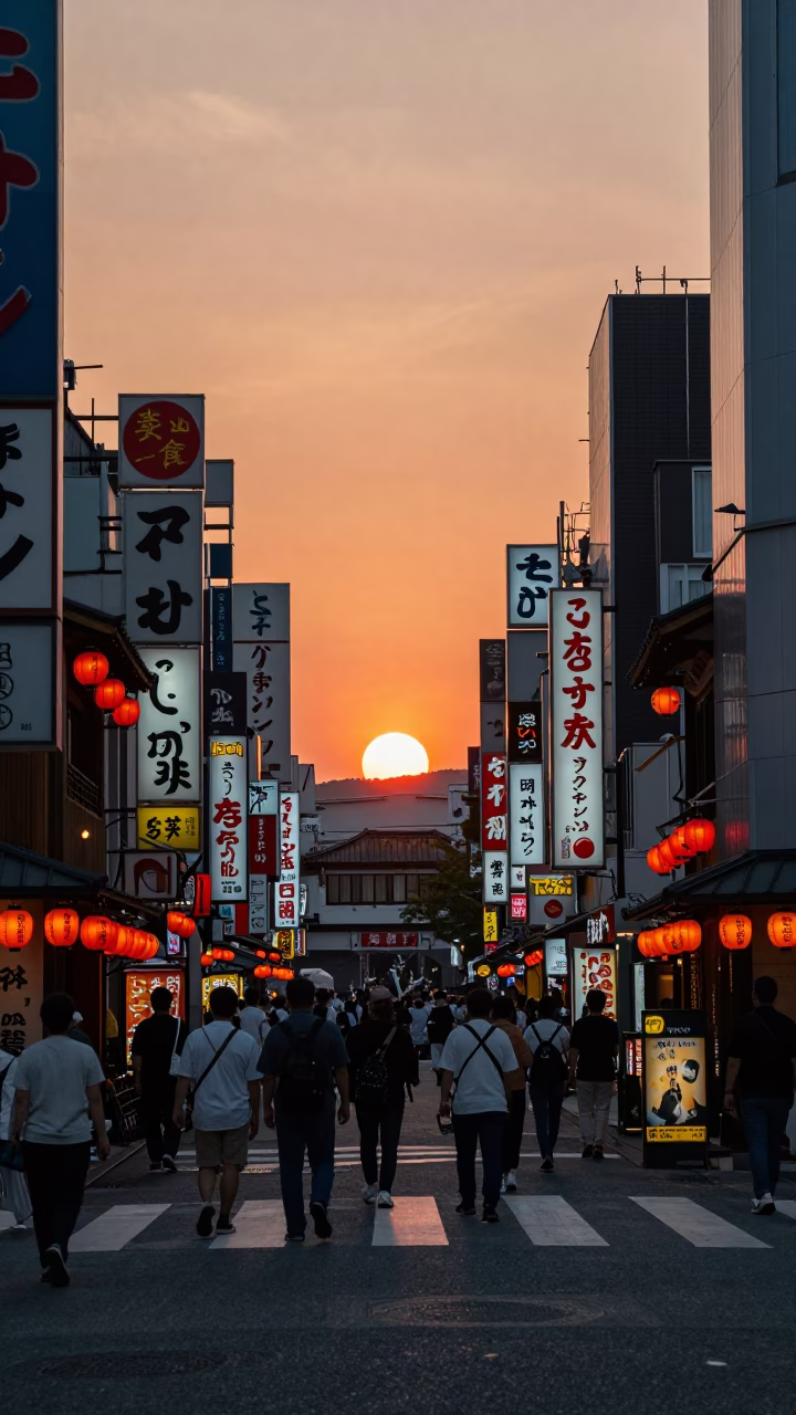 Busy Osaka Street Scene at Sunset with Neon Signs and Pedestrians in in Osaka, Japan