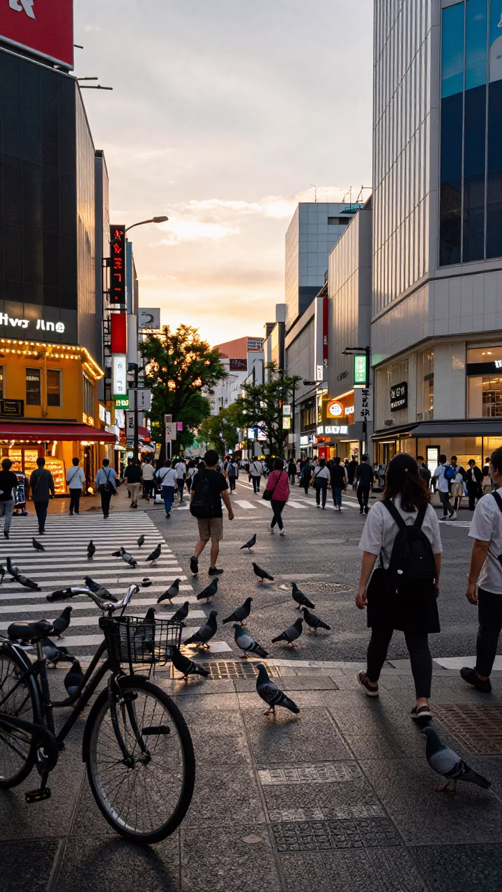 Busy Osaka Street Scene at Sunset with Pigeons and Bicycle Basket in in Osaka, Japan