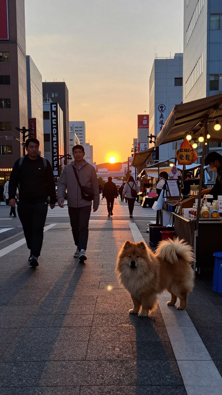 Busy Osaka Street Scene at Sunset with Puli Dog and Local Vendors in in Osaka, Japan