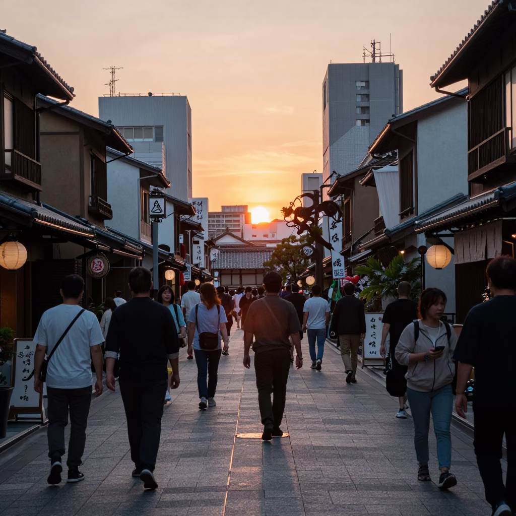 Busy Osaka Street Scene at Sunset with Traditional Japanese Lanterns and Pedestrians in in Osaka, Japan