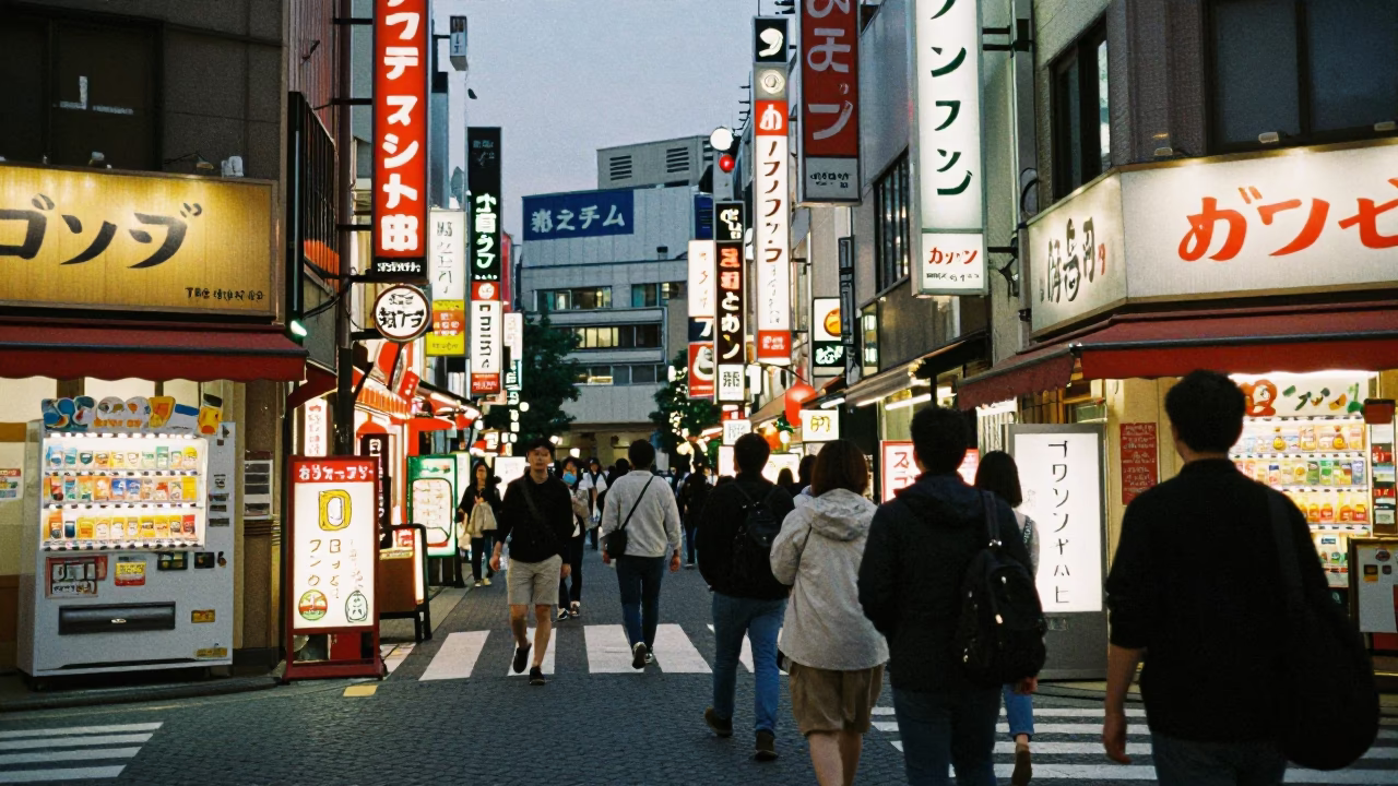 Busy Osaka Street Scene at Twilight with Colorful Vending Machines and Pedestrians in in Osaka, Japan