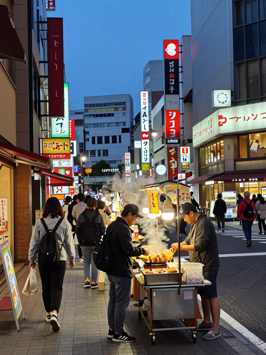 Busy Osaka Street Scene at Twilight with Local Vendors and Pedestrians in in Osaka, Japan