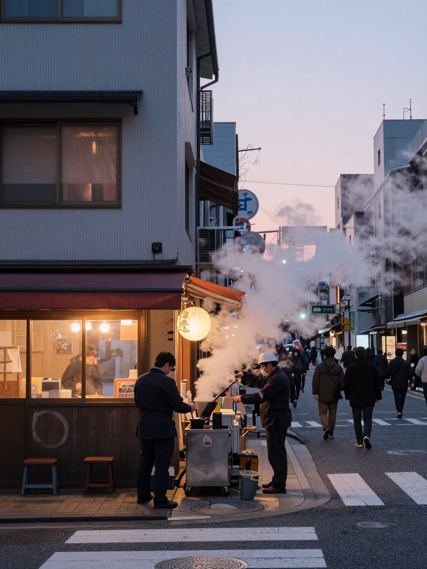 Busy Osaka Street Scene Before Dawn with Steam and Urban Details in in Osaka, Japan