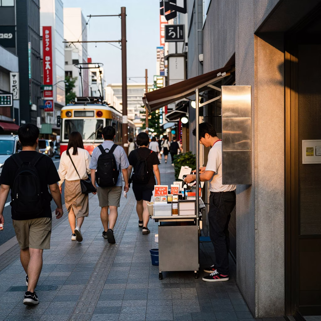 Busy Osaka Street Scene Early Afternoon with Funicular and Urban Details in in Osaka, Japan