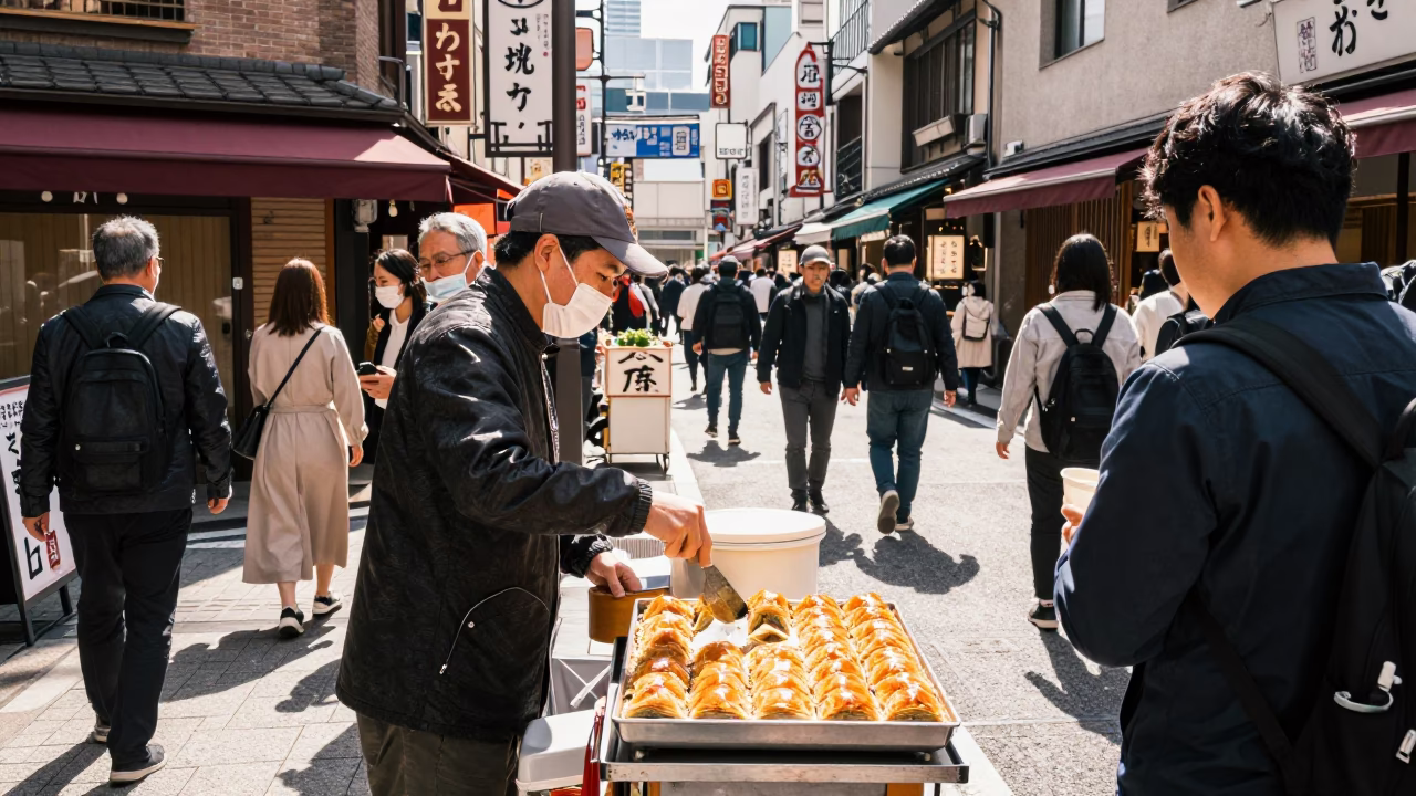 Busy Osaka Street Scene in Bright Midmorning Light with Food Vendors and Pedestrians in in Osaka, Japan
