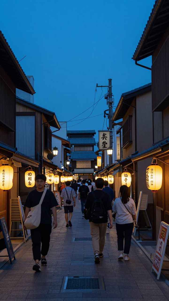Busy Osaka Street Scene in Evening Blue Light with Lanterns and Local Life in in Osaka, Japan