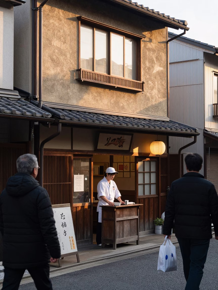 Busy Osaka Street Scene Just After Sunrise with Local Shopkeeper and Morning Supplies in in Osaka, Japan