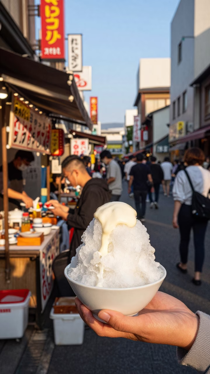 Busy Osaka Street Scene Late Afternoon Light with Shaved Ice and Local Vendors in in Osaka, Japan