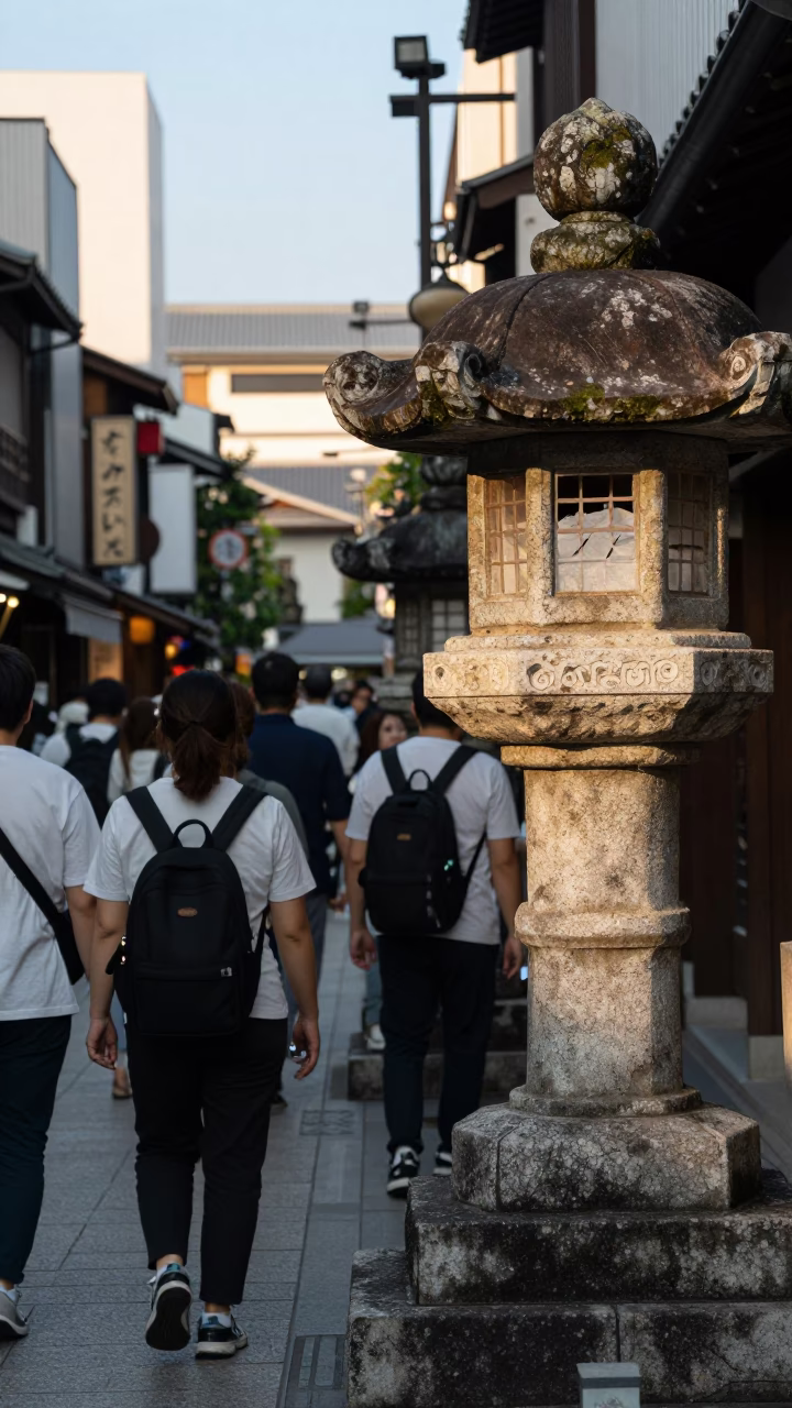 Busy Osaka Street Scene Late Afternoon with Stone Details and Local Life in in Osaka, Japan