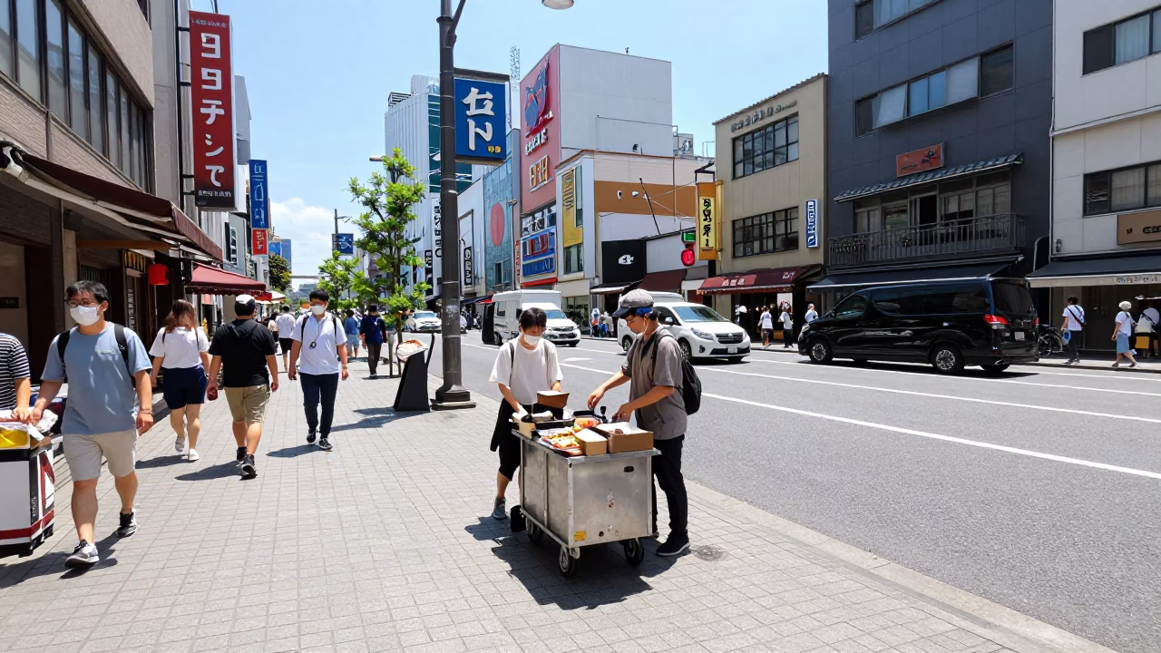 Busy Osaka Street Scene Under Flat Noon Light with Vendor and Pedestrians in in Osaka, Japan