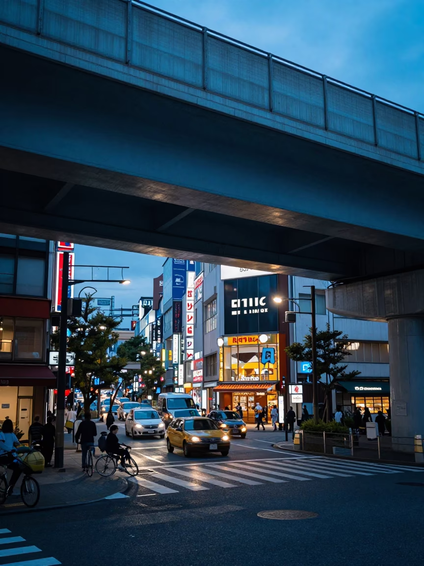 Busy Osaka Street Scene Under Flyover in Last Blue Light of Evening in in Osaka, Japan