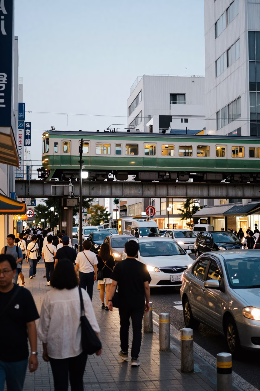 Busy Osaka Street Scene with Freight Train Crossing Trestle Bridge at Dusk in in Osaka, Japan