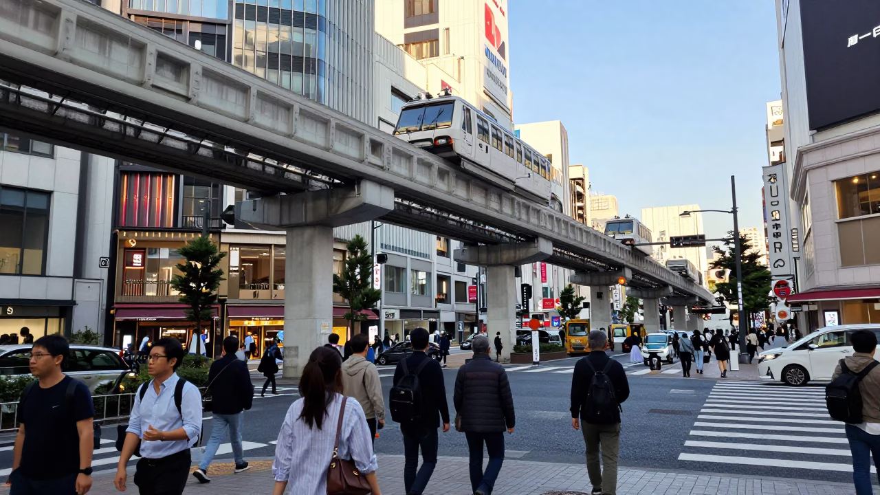 Busy Osaka street scene with monorail overhead and pedestrians in clear late afternoon light in in Osaka, Japan