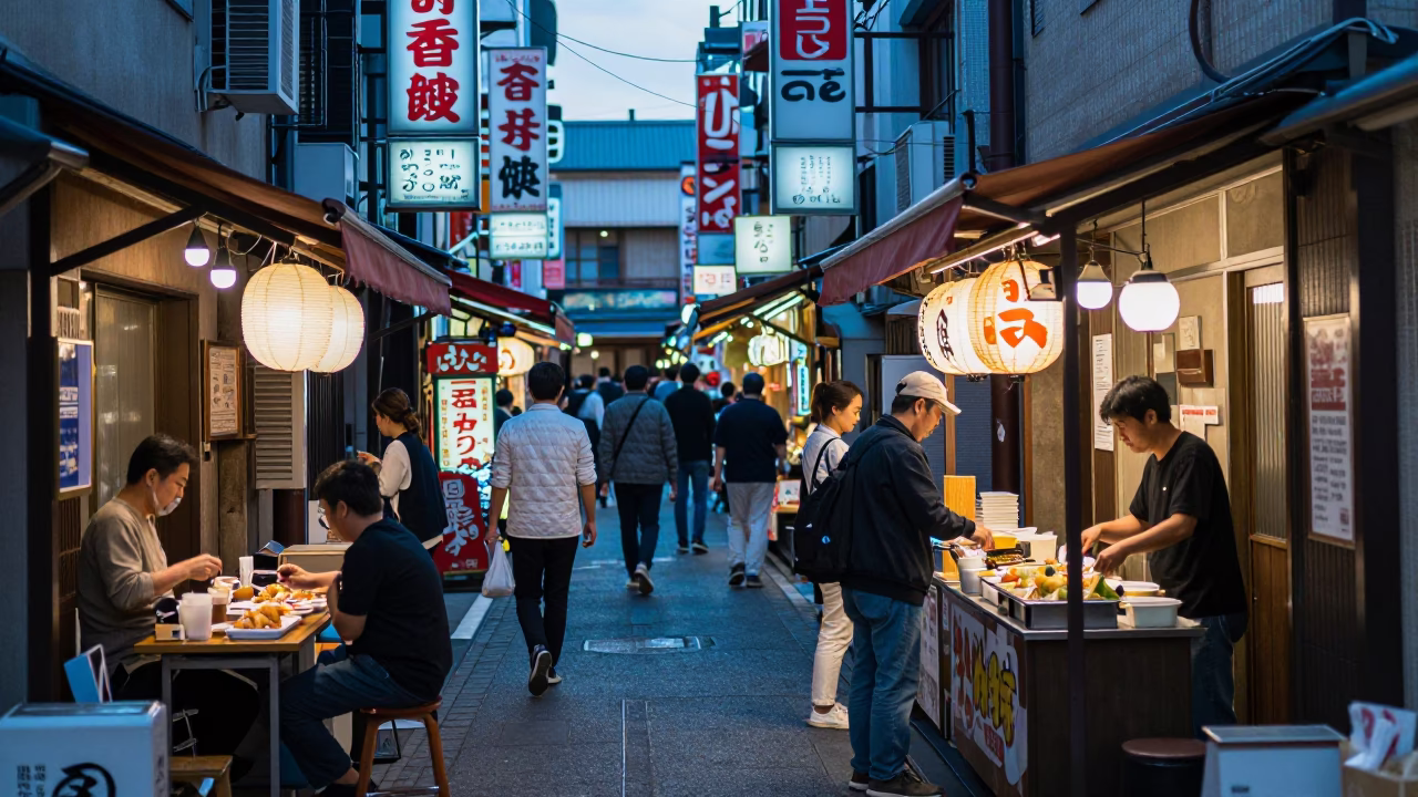 Busy Osaka Street Scene with Neon Lights and Food Vendors in Early Evening Japan in in Osaka, Japan