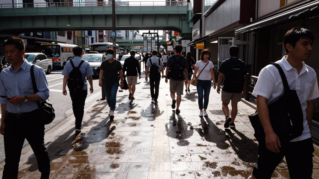 Busy Osaka Street Scene with Pedestrian Overpass and Wet Footsteps in Bright Midmorning Light in in Osaka, Japan