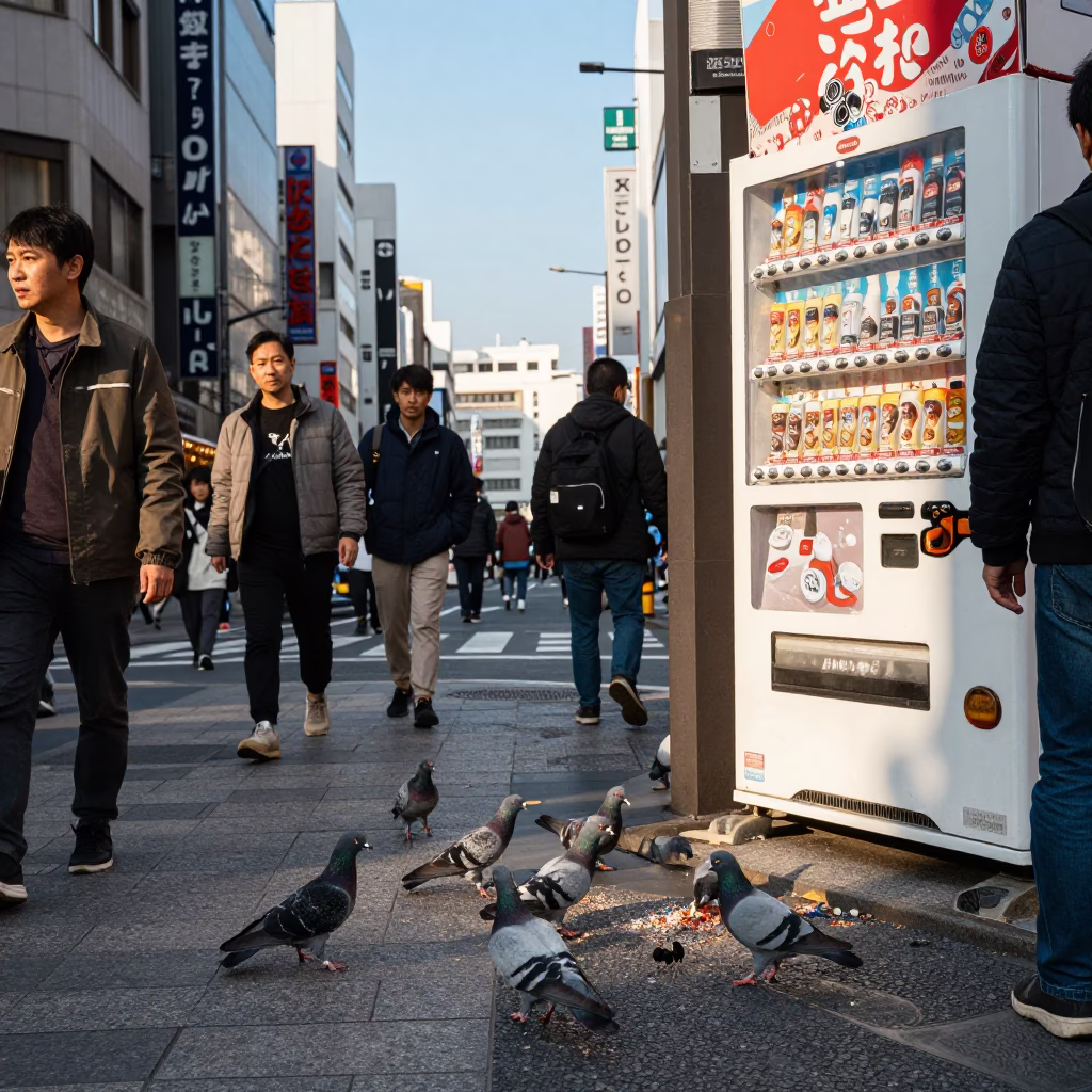 Busy Osaka Street Scene with Pigeons and Urban Life in Late Afternoon Light in in Osaka, Japan