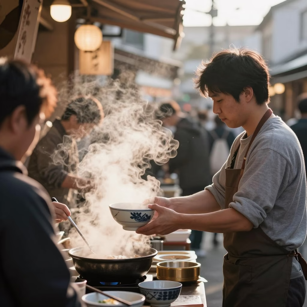 Busy Osaka Street Stall at Sunrise with Bowl of Congee and Crispy Shallots in in Osaka, Japan