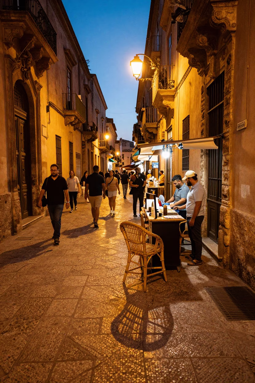 Busy Palermo Evening Street Scene with Wicker Chair Shadow and Skillet Cooking in in Palermo, Italy