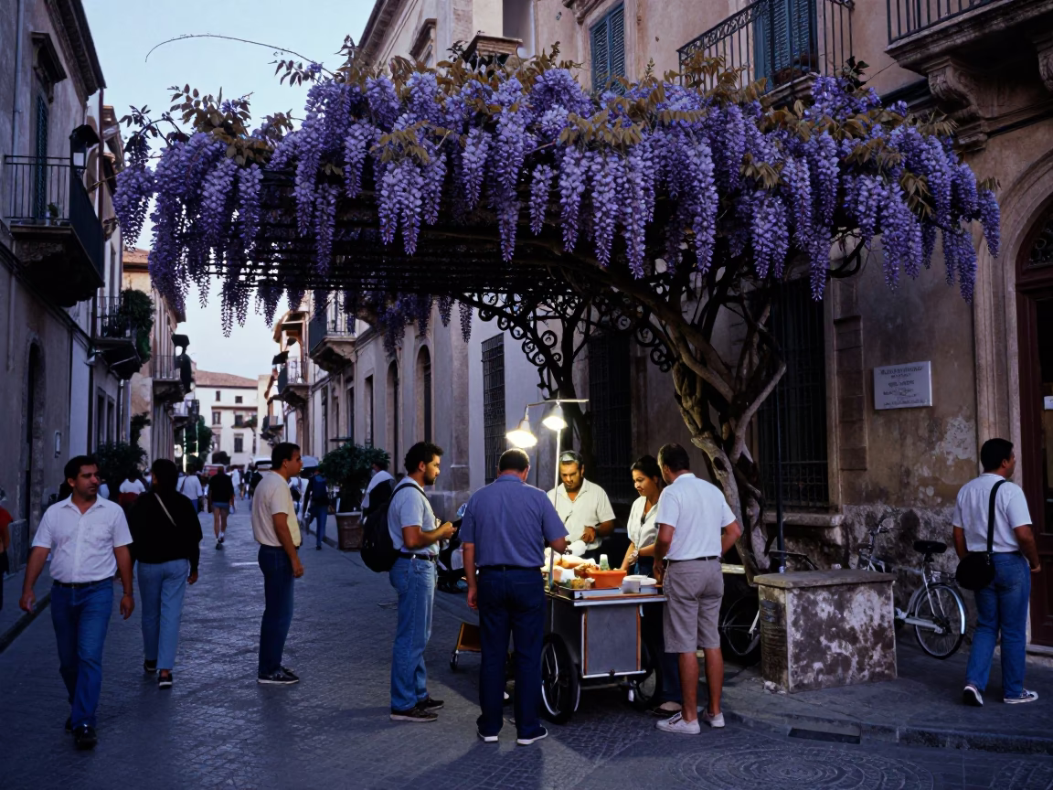 Busy Palermo Evening Street Scene with Wisteria Pergola and Local Life in in Palermo, Italy