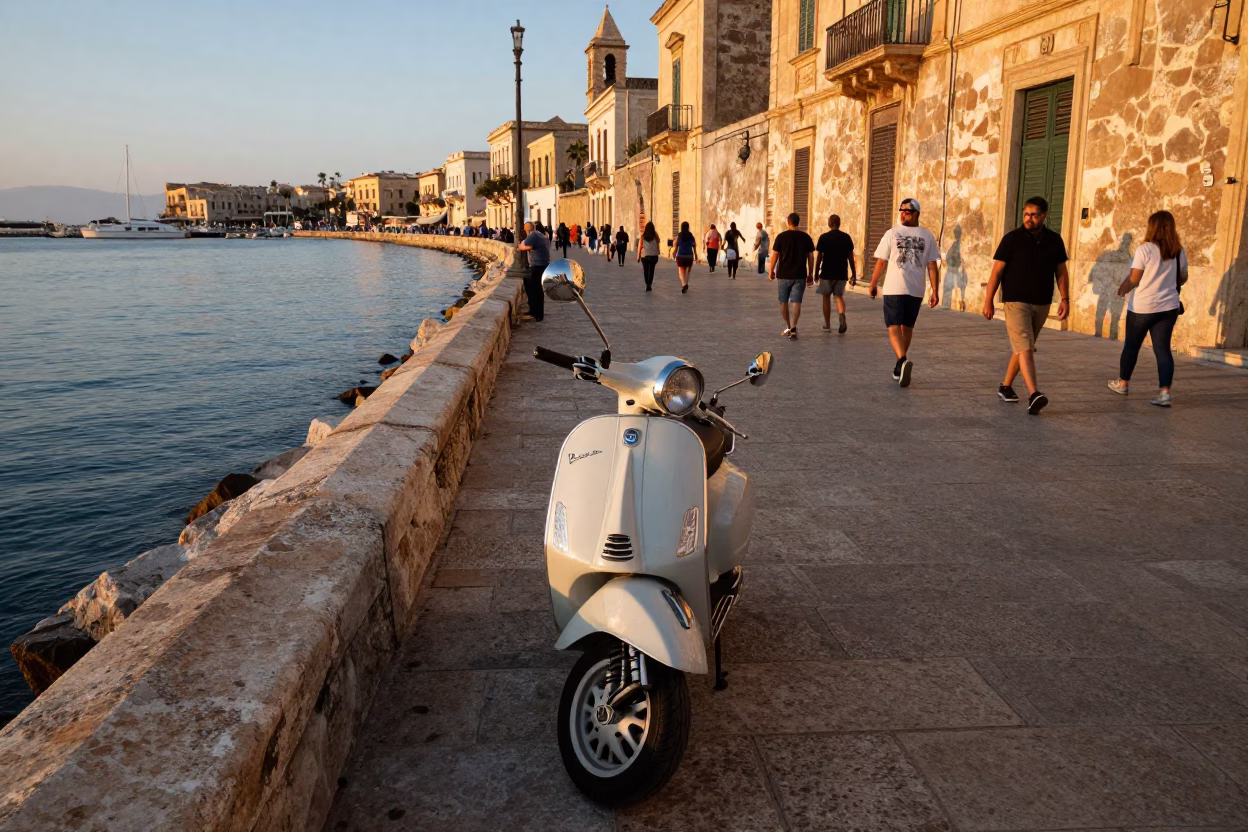Busy Palermo Harbor Promenade at Golden Hour with Parked Scooter and Local Street Life in in Palermo, Italy