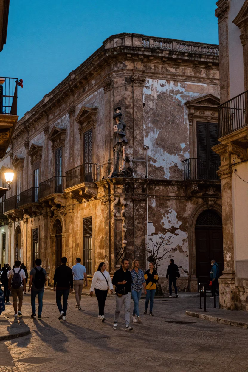 Busy Palermo Italy Evening Street Scene with Traditional Architecture and Local Life in in Palermo, Italy