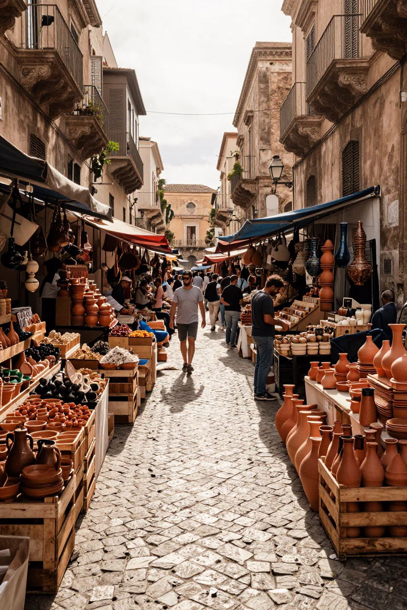 Busy Palermo Italy street market early afternoon pottery and spice vendors in in Palermo, Italy